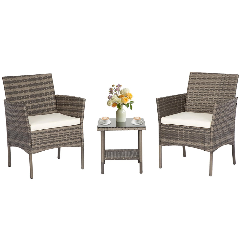 FDW front view of gray wicker bistro set showing compact design and comfort