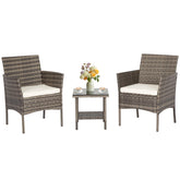 FDW front view of gray wicker bistro set showing compact design and comfort