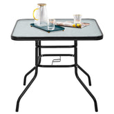 FDW patio table front view showing compact 34-inch square surface and modern design benefit: space-saving