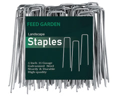 FEED GARDEN front package showing 300 galvanized landscape staples and quantity benefit