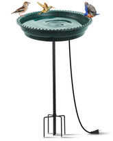 Feemiyo front view showing green heated bird bath and stable pole benefit: attracts birds