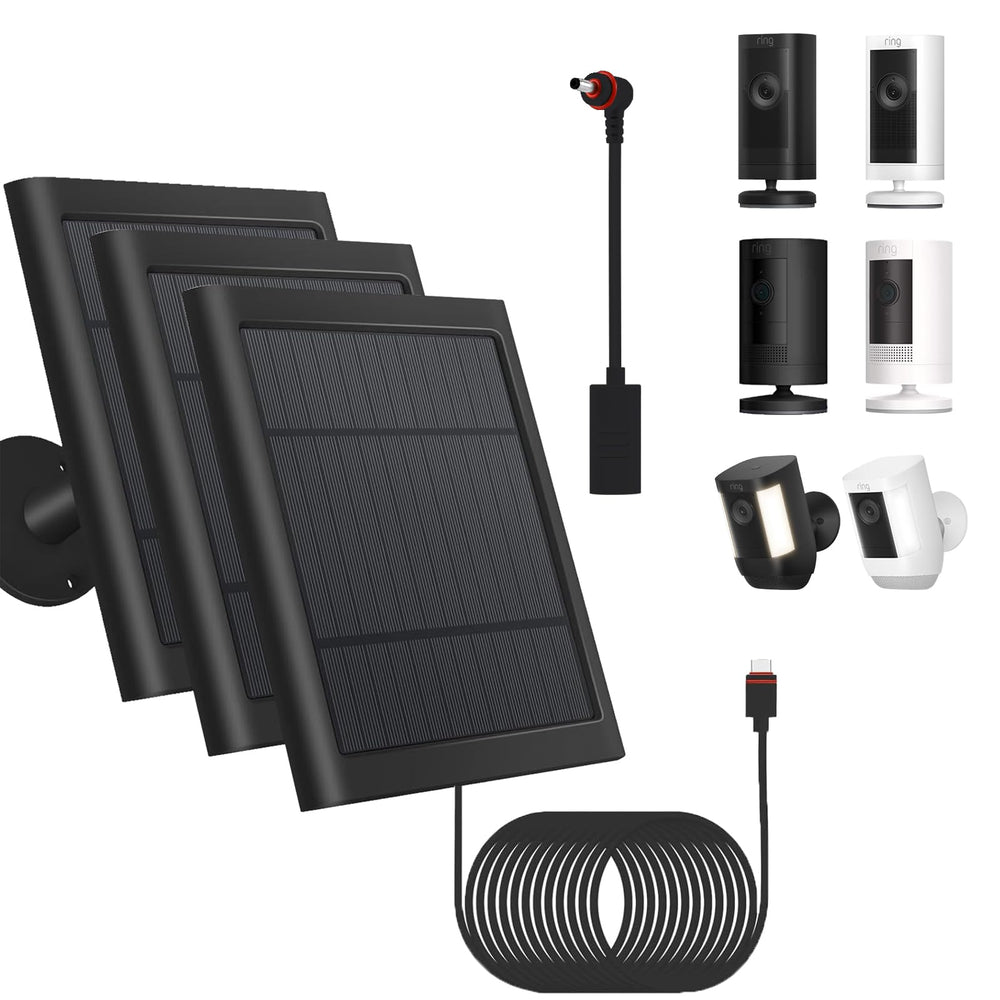 Fehuatenda front view of three solar panels showing weatherproof build and continuous power