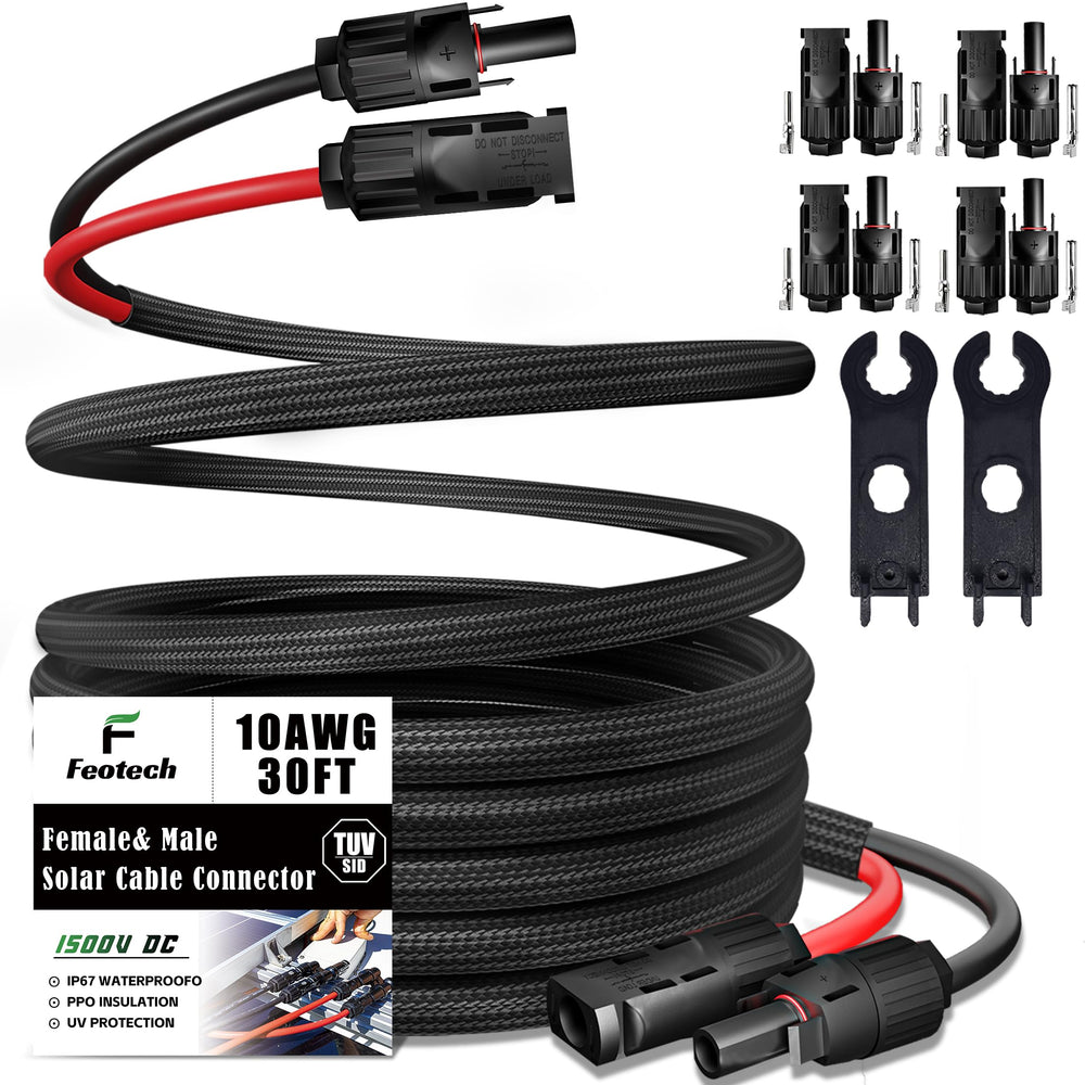 Feotech front connectors showing secure MC4 ends and quick connection benefit