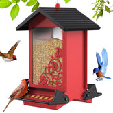 FETUSI front view of red squirrel proof feeder showing house shape and perches benefits easy monitoring