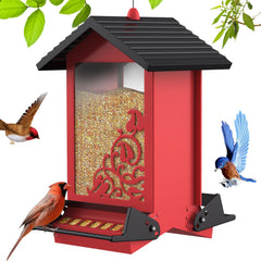 FETUSI front view of red squirrel proof feeder showing house shape and perches benefits easy monitoring