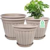 FGstyle front view of four 12-inch planters with saucers, neat matching set