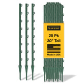 Fi-Shock front view of 25-pack posts showing compact packaging and garden-ready color benefits