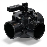 FibroPool front view of 3-way CPVC valve showing ports and handle for reliable flow control