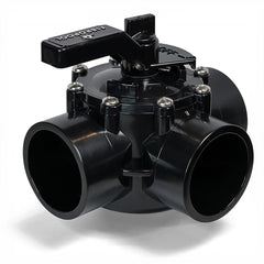 FibroPool front view of 3-way CPVC valve showing ports and handle for reliable flow control