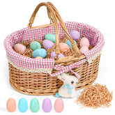 Filano front view of oval wicker basket showing pink gingham liner and capacity benefit