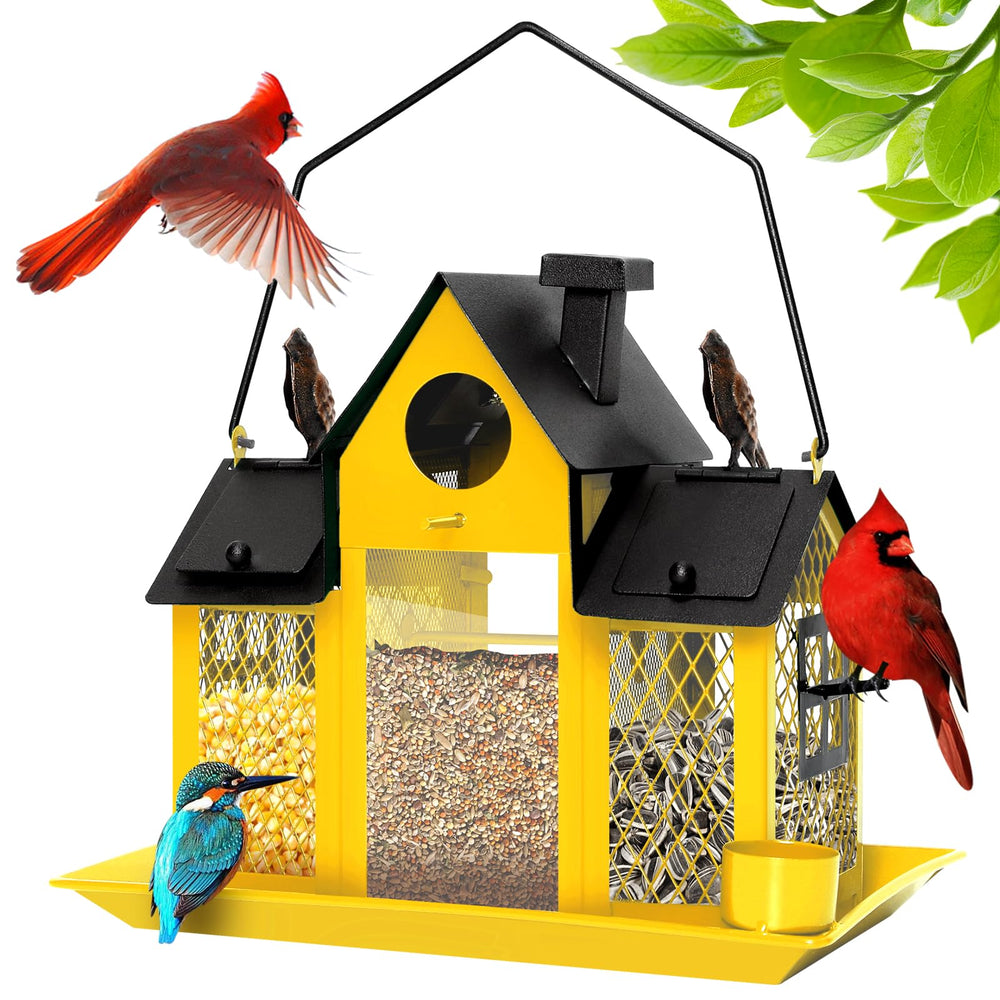 FIMOFIDRE front view of metal bird feeder showing durable design and easy refill