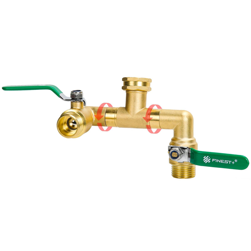 FINEST+ front view of solid brass splitter showing sturdy construction and dual outlets for dependable water delivery