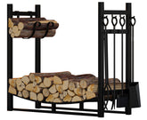 Fire Beauty front view of 34-inch log rack showing organized wood and tools for tidy storage