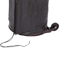 Fire Sense cover on heater next to chair showing 36 inch diameter and 94 inch height for correct fit