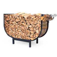 FireProof Pros curved log rack front view showing neat stacked logs and accessible design benefit