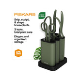 Fiskars front view of 3-piece set showing complete tools and tidy storage for neat organization