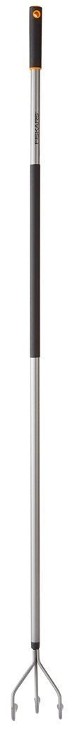 Fiskars cultivator front view showing long aluminum handle and Softgrip for comfort