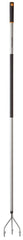 Fiskars cultivator front view showing long aluminum handle and Softgrip for comfort