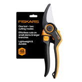 Fiskars pruner front packaging showing product and benefits