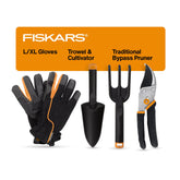 Fiskars pruner front view showing sharp steel blade and clean cuts benefit