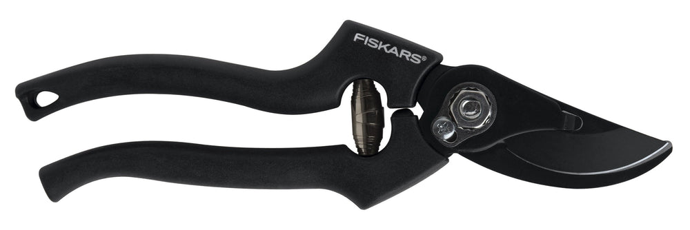 Fiskars front view of pruning shears showing ergonomic handles and clean design benefit comfort