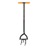 Fiskars tiller front view showing full steel shaft and tines, durable construction benefit