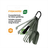 Fiskars tool set front view showing all five tools and compact design benefit