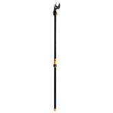 Fiskars tree trimmer front view showing full-length pole and cutting head for safer pruning