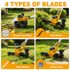Fiutazge accessories laid out showing four heads for trimming and edging flexibility
