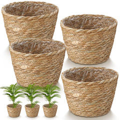 Fiwochic front view of four woven baskets showing natural boho look and versatility
