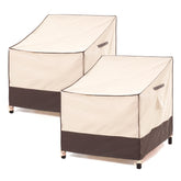 F&J Outdoors front view of beige and coffee 2-pack chair covers showing full coverage and neutral style