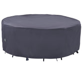 F&J Outdoors front view of grey 110 inch round cover protecting patio set, durable protection