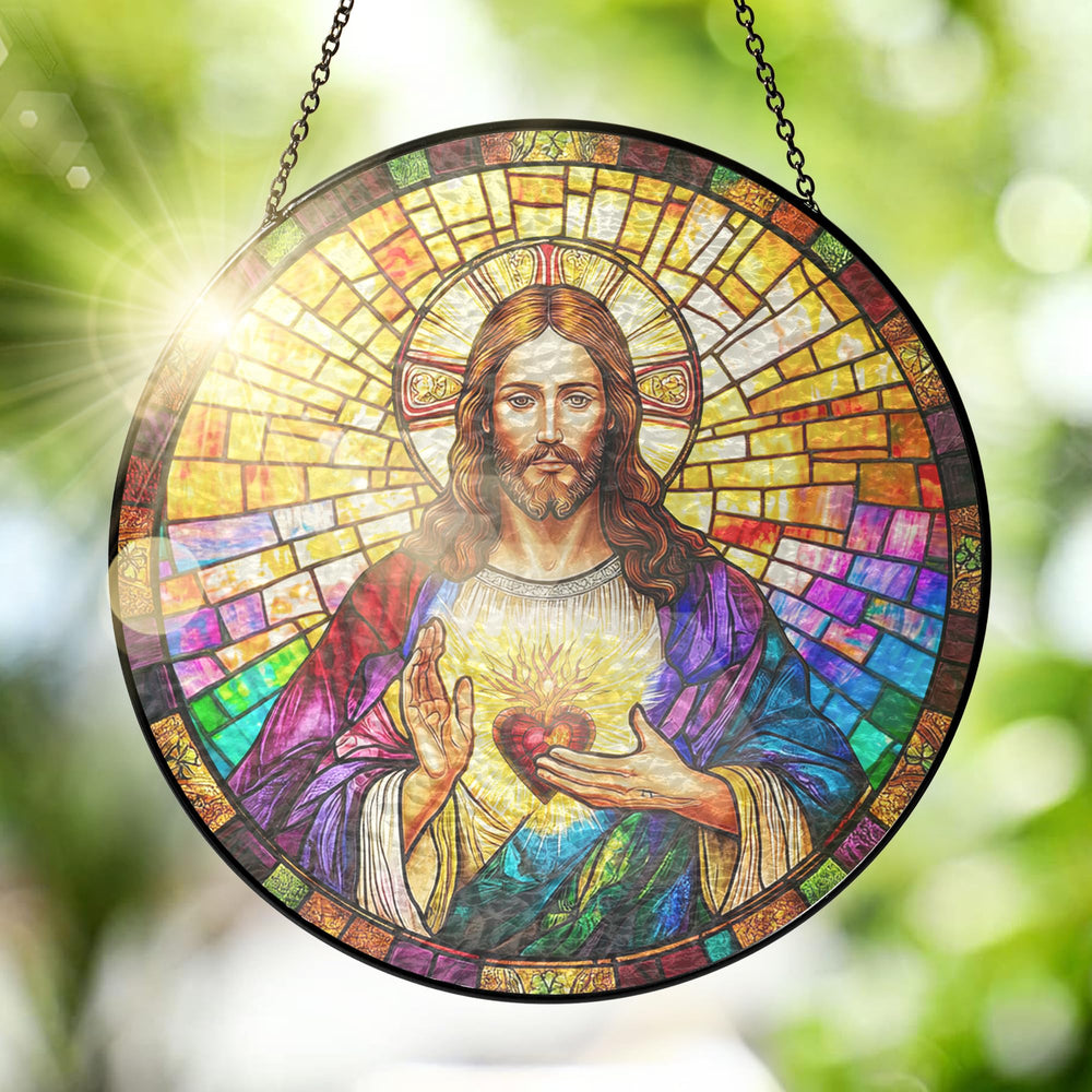 FLAGWIX front view of stained glass suncatcher showing colorful faith motif and vibrant glow