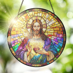 FLAGWIX front view of stained glass suncatcher showing colorful faith motif and vibrant glow