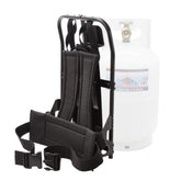 Flame King front view with 10 lb tank showing secure fit and easy transport