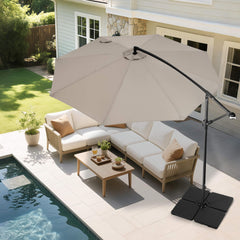 FLAME&SHADE plate set supporting offset umbrella on patio for stable shade