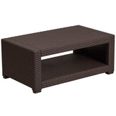 Flash Furniture front view brown faux rattan table shows durable outdoor surface