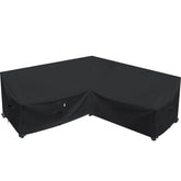 Flexiyard front view of V-shaped cover protecting patio sectional, shows full coverage benefit