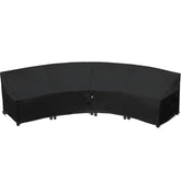 Flexiyard front view of curved cover protecting sofa, provides weather defense