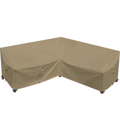 Flexiyard front view of V-shaped cover protecting a five-seater sofa, durable protection