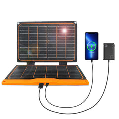 FlexSolar 20W front panel showing dual USB ports and durable finish for reliable charging