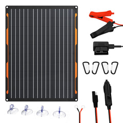 FlexSolar front panel view showing slim flexible design and easy install benefit