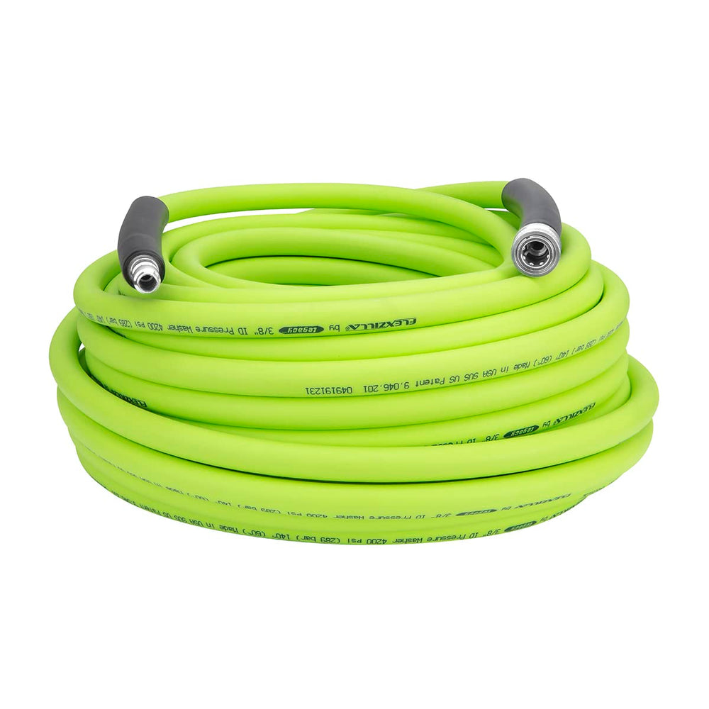 Flexzilla pressure washer hose front packaging showing length and PSI benefit