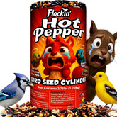 Flockin' front view of spicy seed cylinder showing packaging and benefits