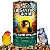 Flockin' front view of seed cylinder showing packaging and size benefit