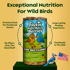 Flockin' seed cylinder installed on rod feeder in garden offering stable feeding