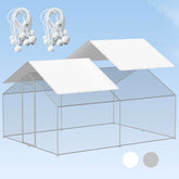 FLOUREE front view of two white coop tarps showing packaging and size benefit