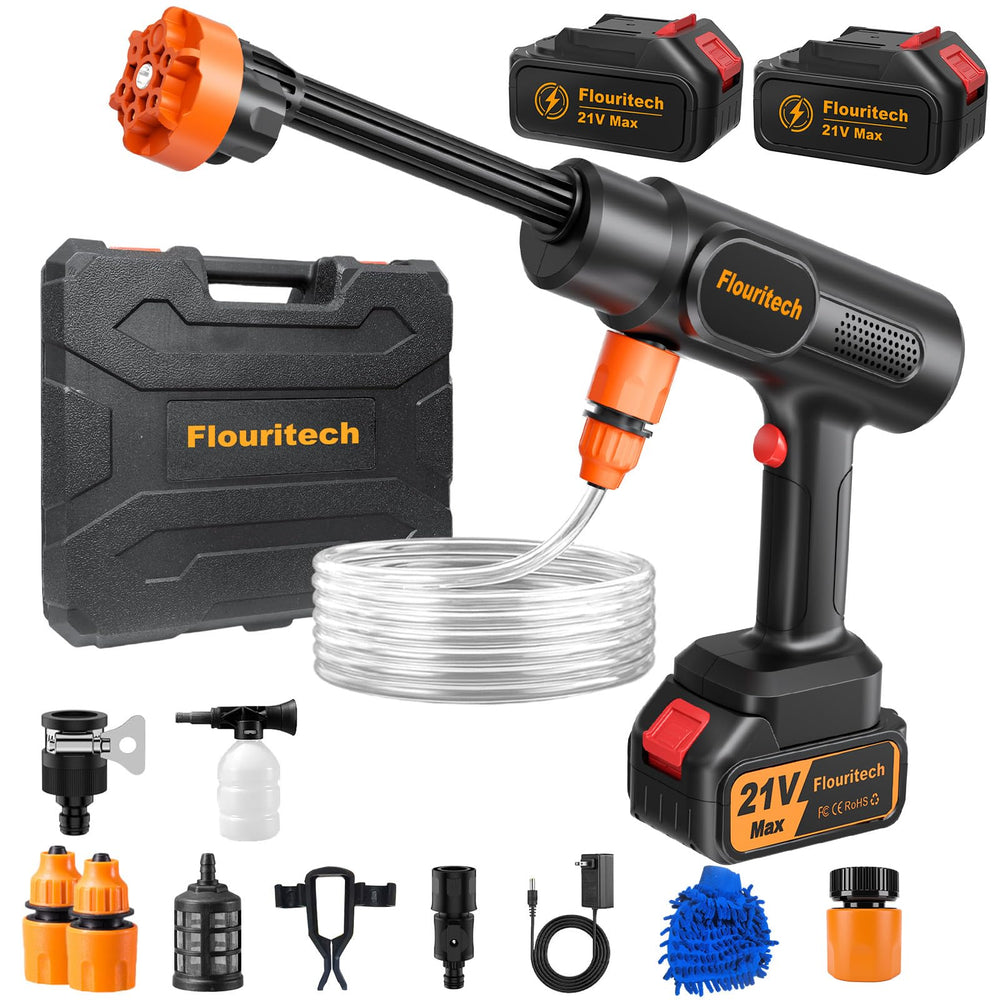 Flouritech front view of cordless pressure washer shows compact design and portability benefit
