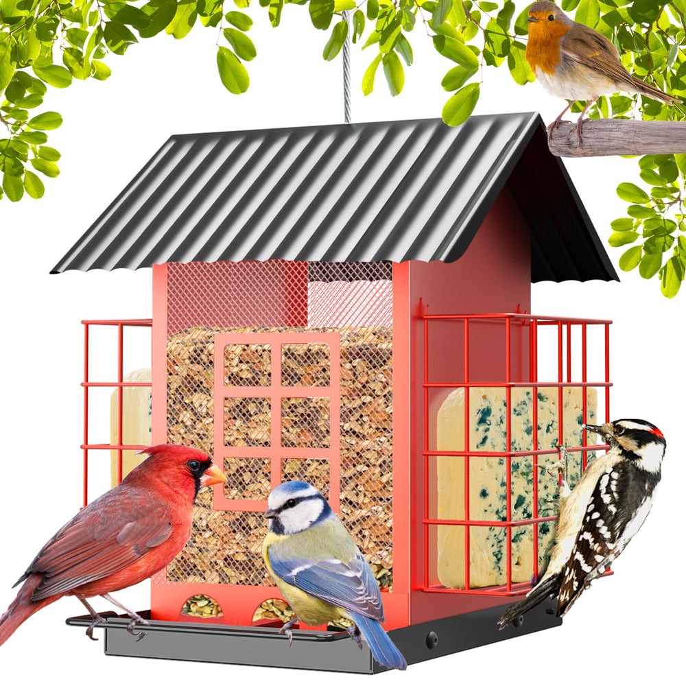 FlowaFoli front view showing sturdy metal feeder and bright finish attracting birds