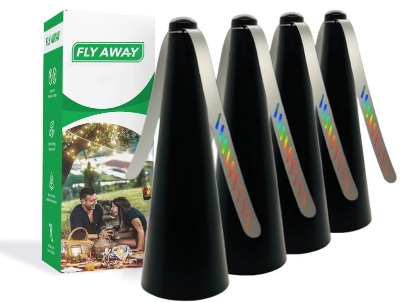 Fly Away front packaging showing four tabletop repellent fans and benefits